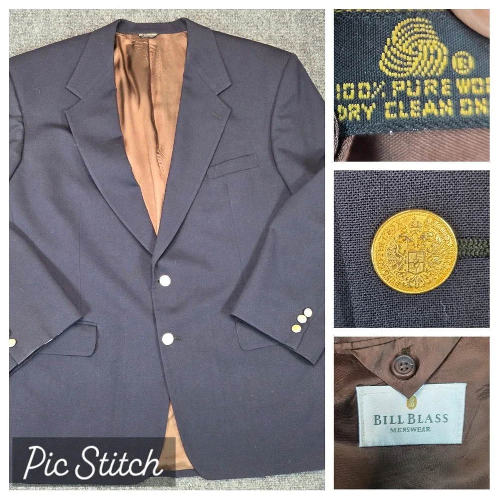 Bill Blass Wool Blazer Mens 48 Navy Blue Gold Buttons Jacket